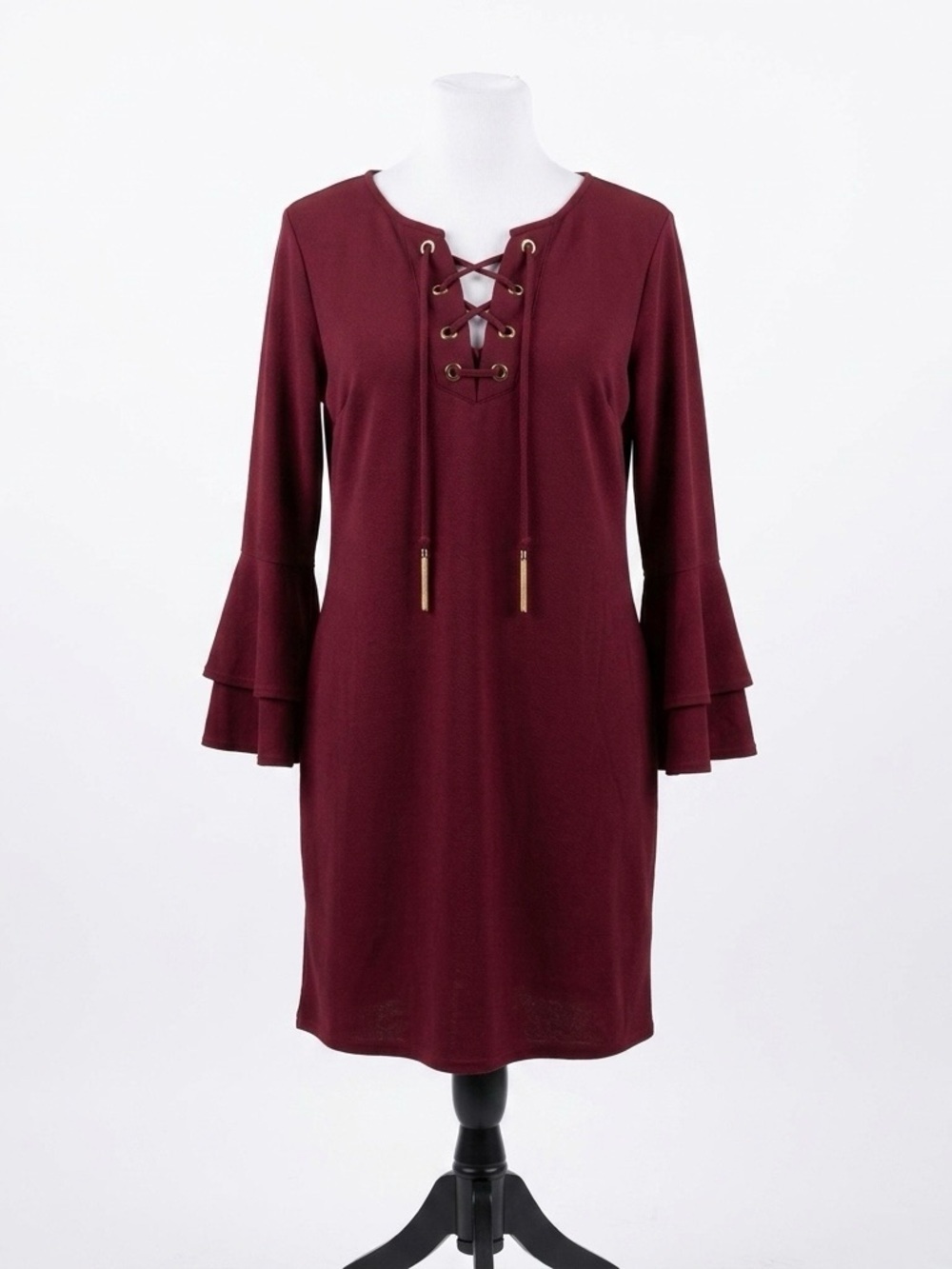 Mlle Gabrielle Lace-Up Bell Sleeve Dress - Burgundy